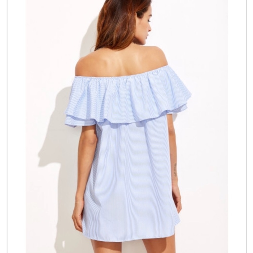 EUC Blue Striped Off-Shoulder Ruffle Mini Dress - Size S/M Nautical Summer Boho - Picture 5 of 9